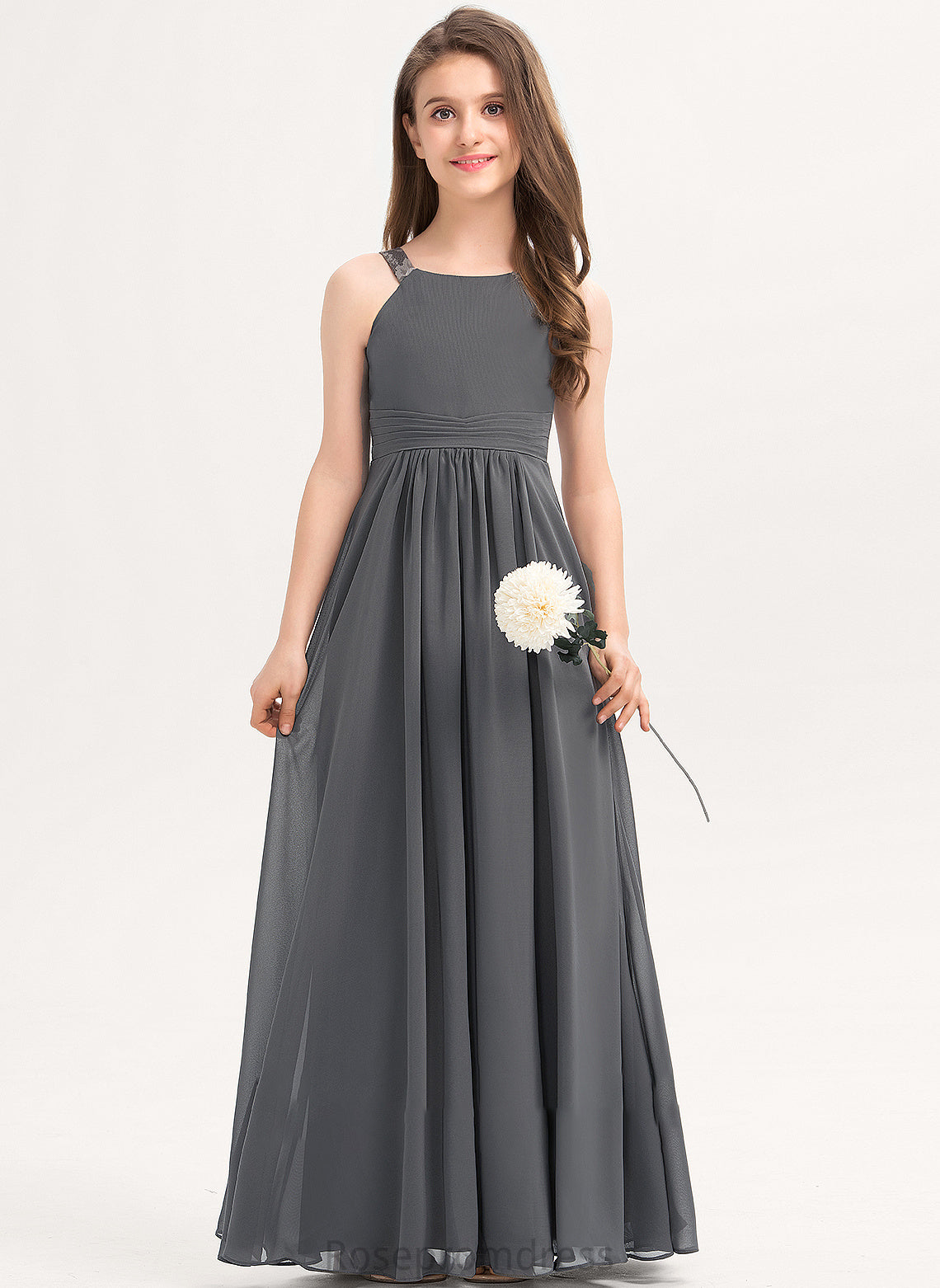 Scoop With Floor-Length Janet Neck Chiffon Lace Ruffle Junior Bridesmaid Dresses A-Line