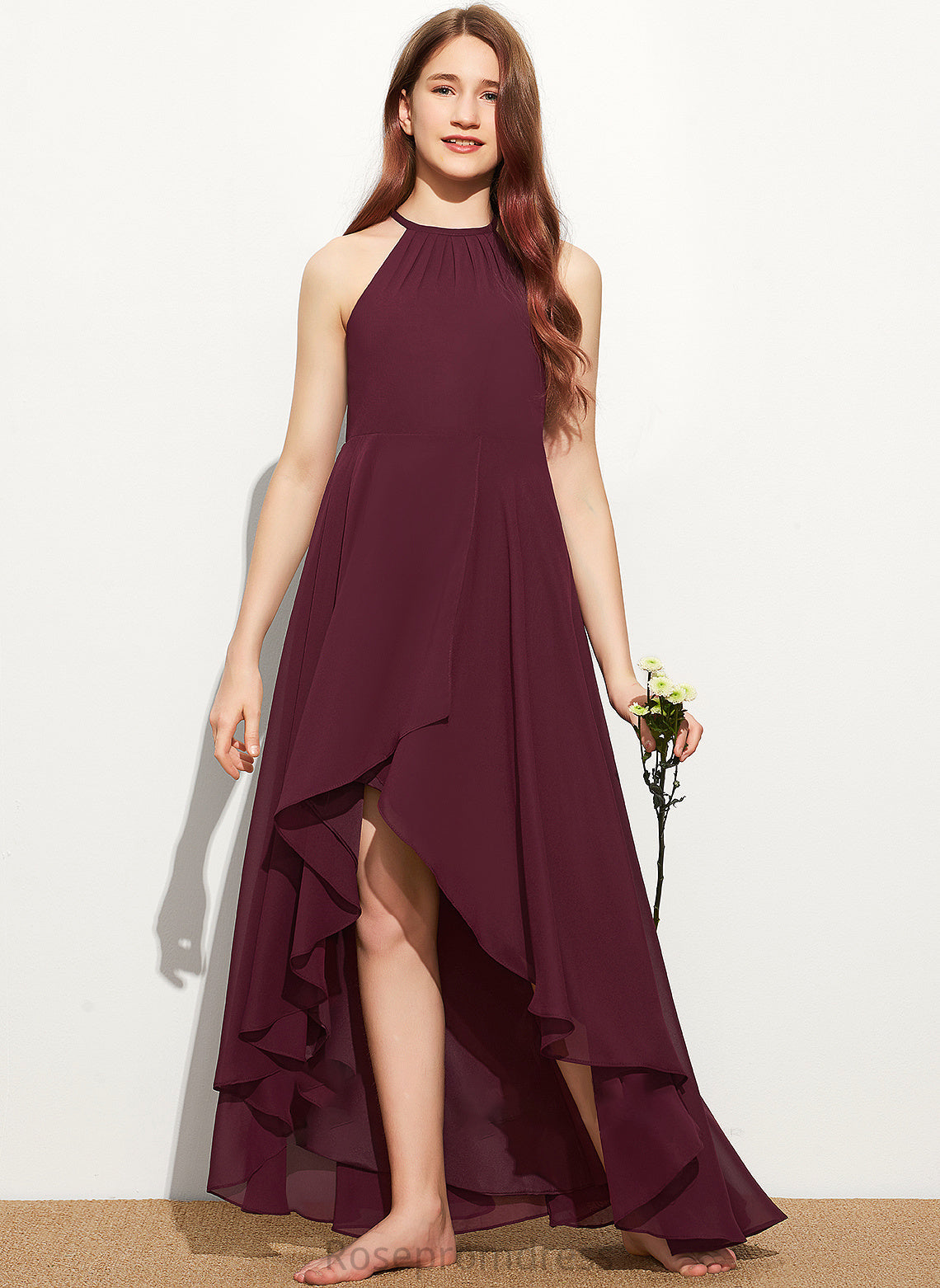 Ruffle Chiffon Scoop With Neck A-Line Dixie Asymmetrical Junior Bridesmaid Dresses