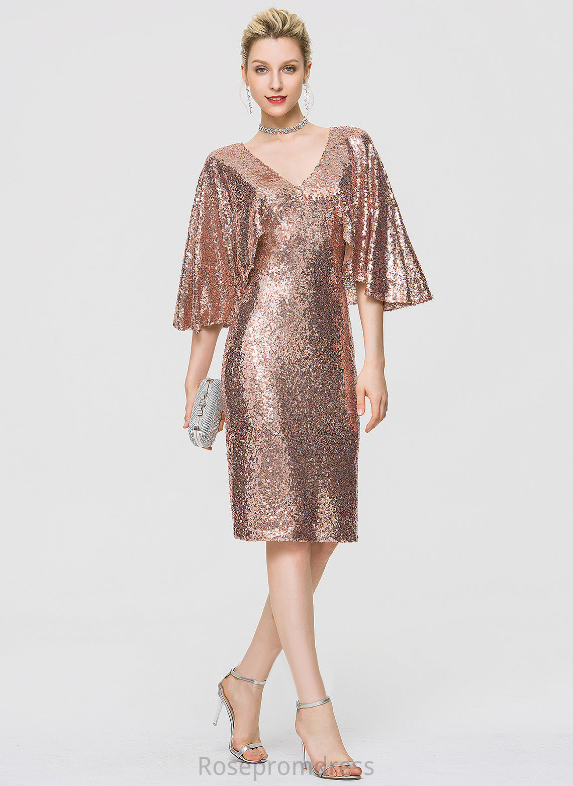 V-neck Cocktail Knee-Length Leslie Cocktail Dresses Dress Sheath/Column Sequined