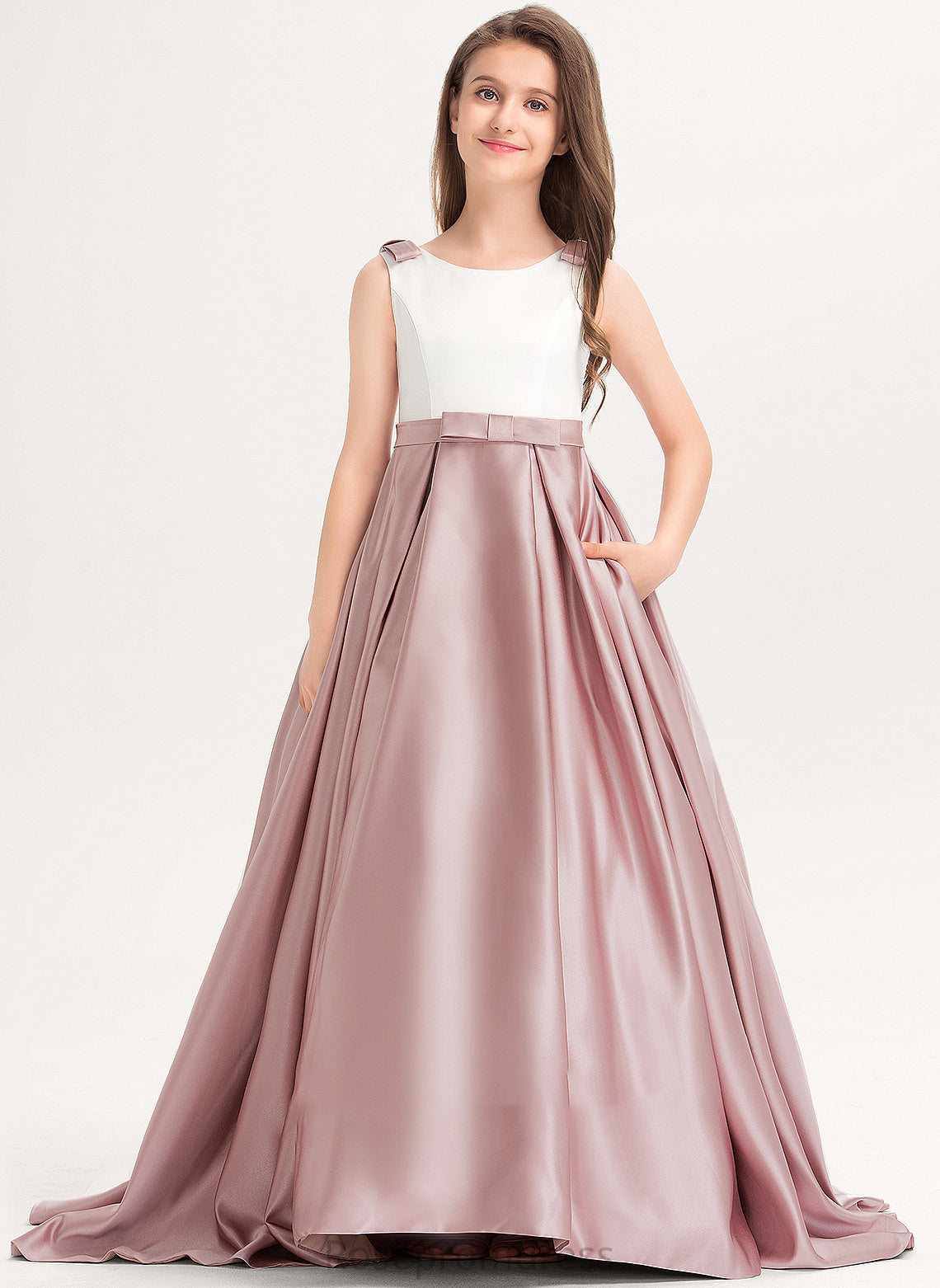 Kamryn Neck Bow(s) Sweep Ball-Gown/Princess Train Satin Junior Bridesmaid Dresses With Scoop Pockets