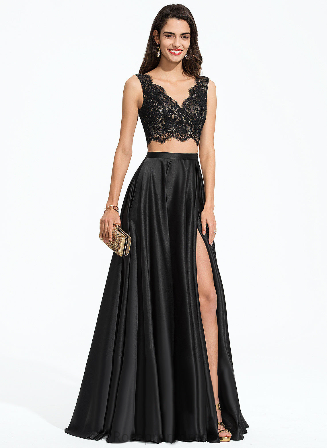 Prom Dresses Lace A-Line V-neck Satin Floor-Length Sanai