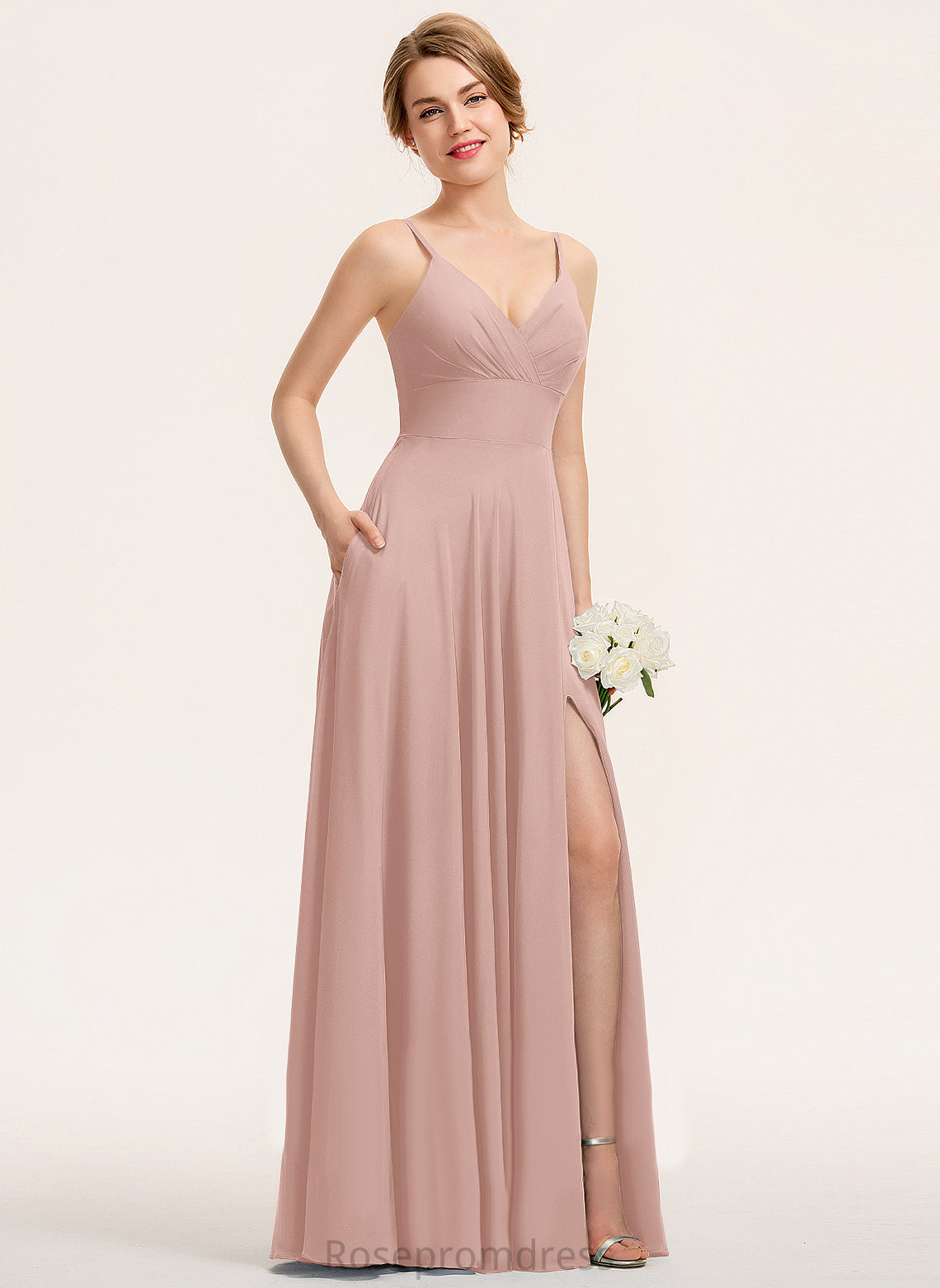 A-Line Pleated With Chiffon Terri V-neck Prom Dresses Floor-Length