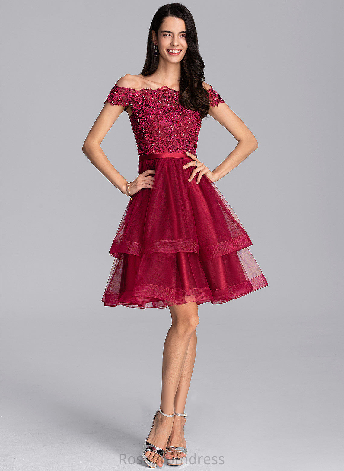 Kaylynn Knee-Length Homecoming Dresses Lace Beading Sequins Dress A-Line Off-the-Shoulder Tulle Homecoming With