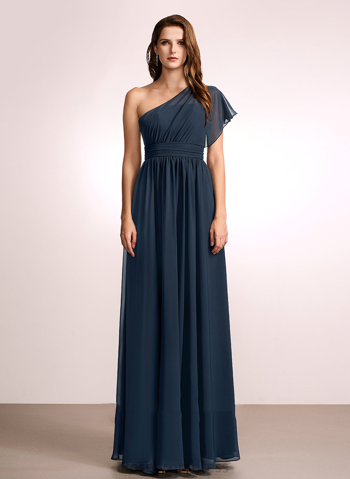 Fabric A-Line Length One-Shoulder Silhouette Ruffle Neckline Floor-Length Embellishment Rosalind Natural Waist Floor Length Bridesmaid Dresses