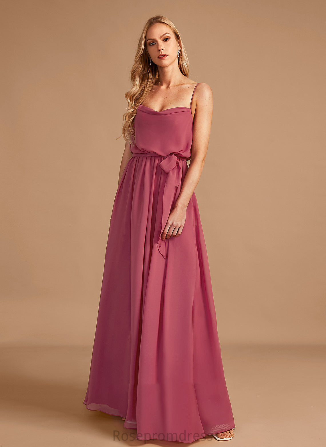 A-Line Silhouette Neckline Ruffle CowlNeck Fabric Length Floor-Length SplitFront Embellishment Adalynn Bridesmaid Dresses