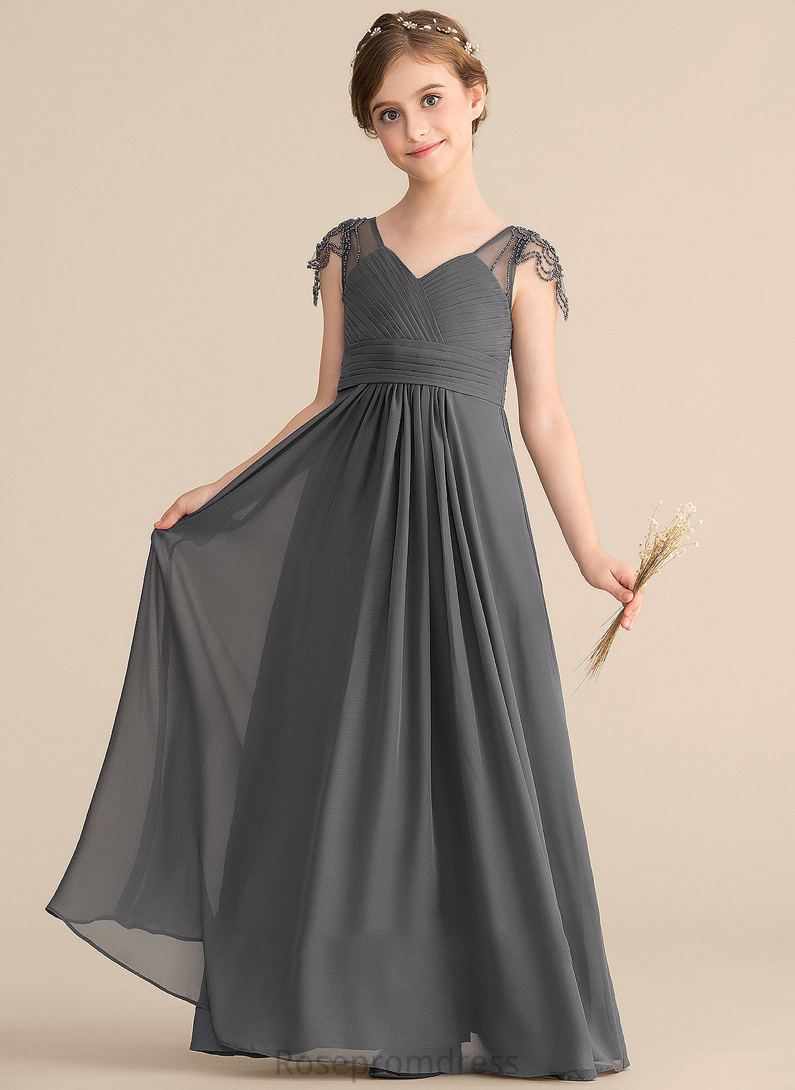 Floor-Length Beading Chiffon Junior Bridesmaid Dresses Hope Ruffle With V-neck A-Line