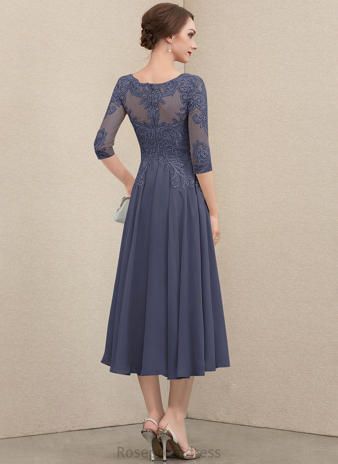 the Sequins Tea-Length Beading Mother Dress Lace Neck With A-Line of Mother of the Bride Dresses Annika Chiffon Bride Scoop