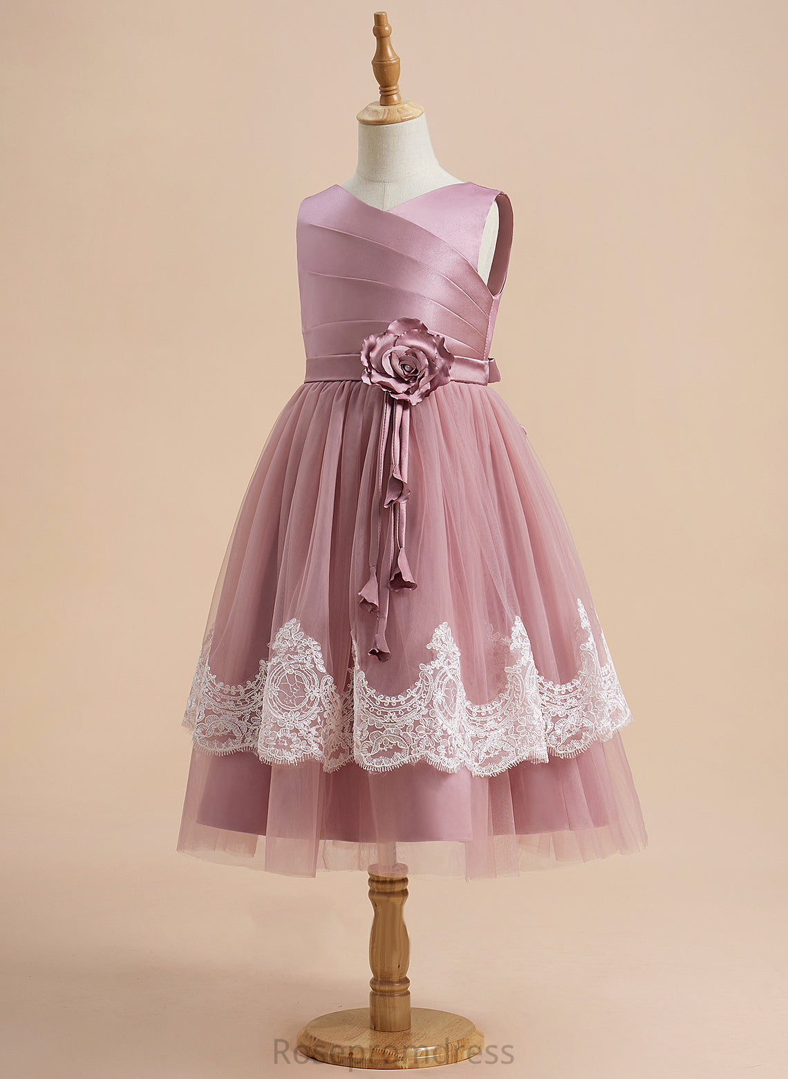 Knee-length V-neck Flower - Clare Satin/Tulle Dress With Sleeveless Back Flower Girl Dresses Lace/Flower(s)/Bow(s)/Pleated/V A-Line Girl