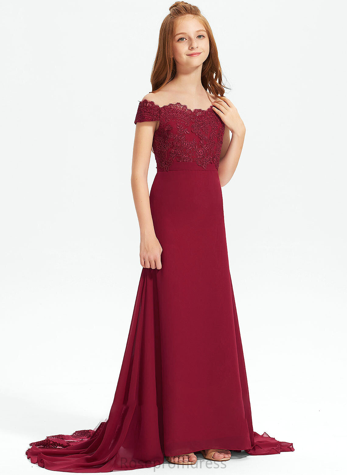 Court Train Off-the-Shoulder Junior Bridesmaid Dresses Trumpet/Mermaid Lace Eva Chiffon