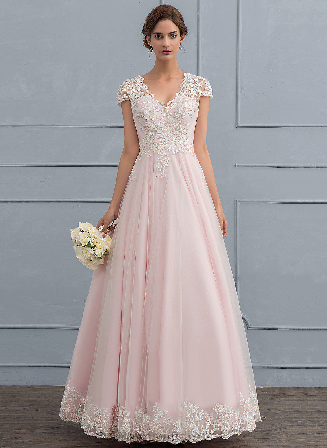 Ball-Gown/Princess Mya Wedding Dresses V-neck Dress Tulle Beading Floor-Length Wedding With Lace Sequins