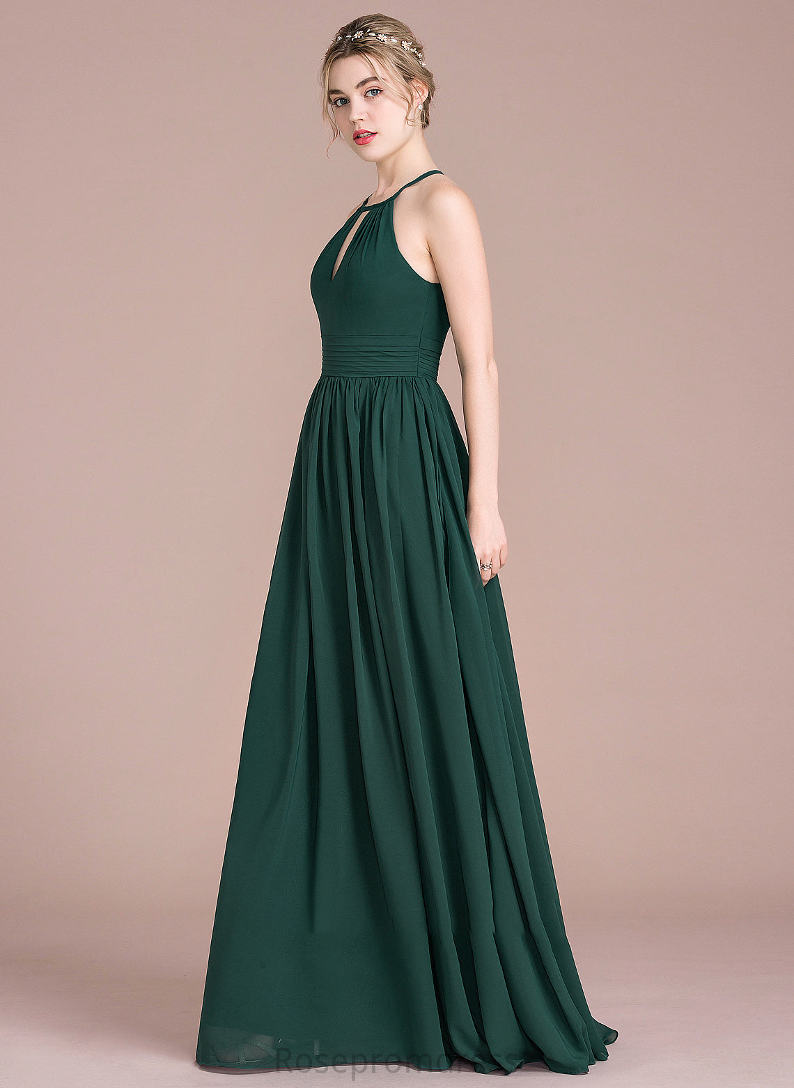 Scoop Floor-Length Chiffon Neck A-Line Ruffle Sofia Prom Dresses With