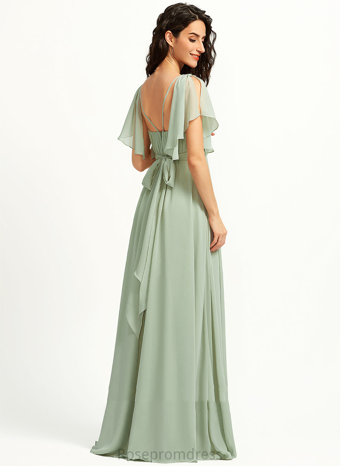 A-Line Ruffle Embellishment Silhouette Fabric Neckline Floor-Length V-neck Length Jade Bridesmaid Dresses