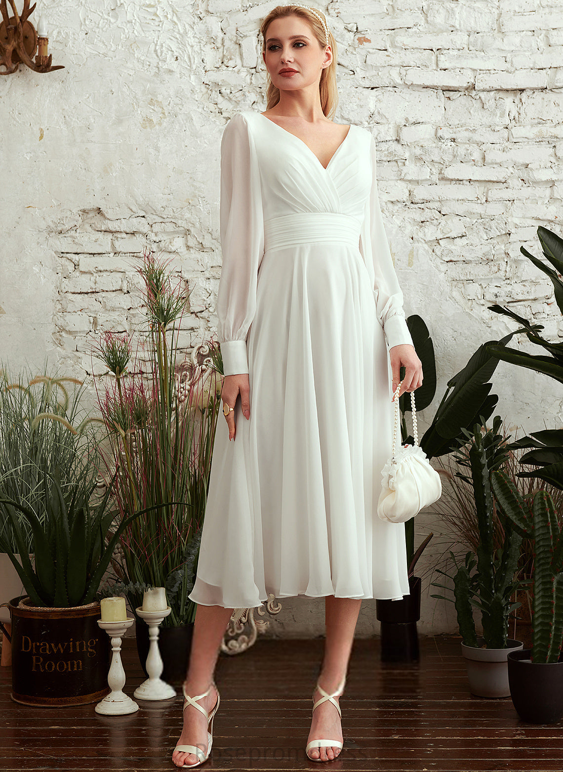 Tea-Length Kiley Wedding A-Line Chiffon Wedding Dresses V-neck Dress