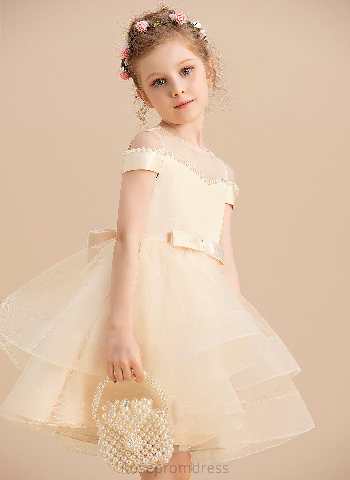 With Sleeveless Satin/Tulle Olive Dress Knee-length Flower Girl Dresses - Flower Beading/Bow(s) Girl Ball-Gown/Princess Neck Scoop