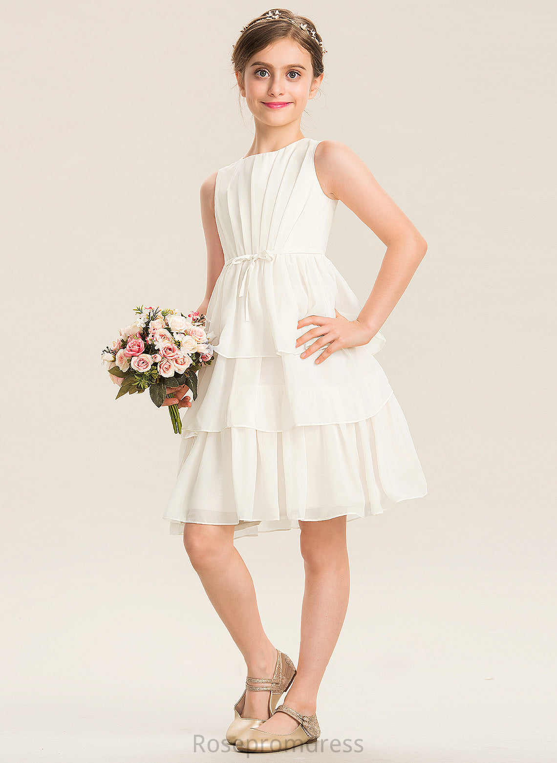 Ruffles Chiffon Cheyenne Bow(s) Cascading Neck A-Line With Knee-Length Scoop Junior Bridesmaid Dresses