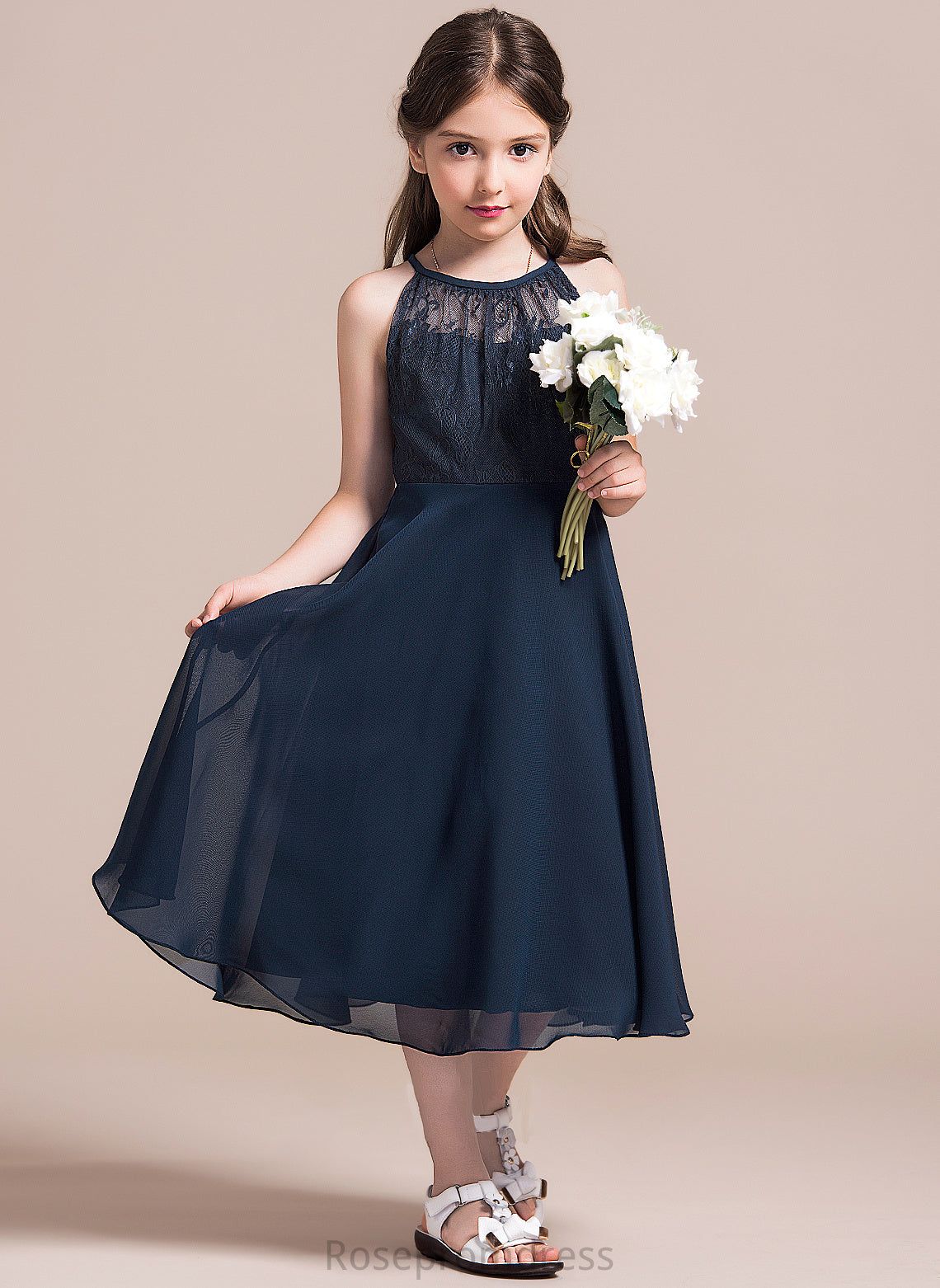 Junior Bridesmaid Dresses Lace Arielle Neck Scoop Chiffon Tea-Length Ruffle With A-Line