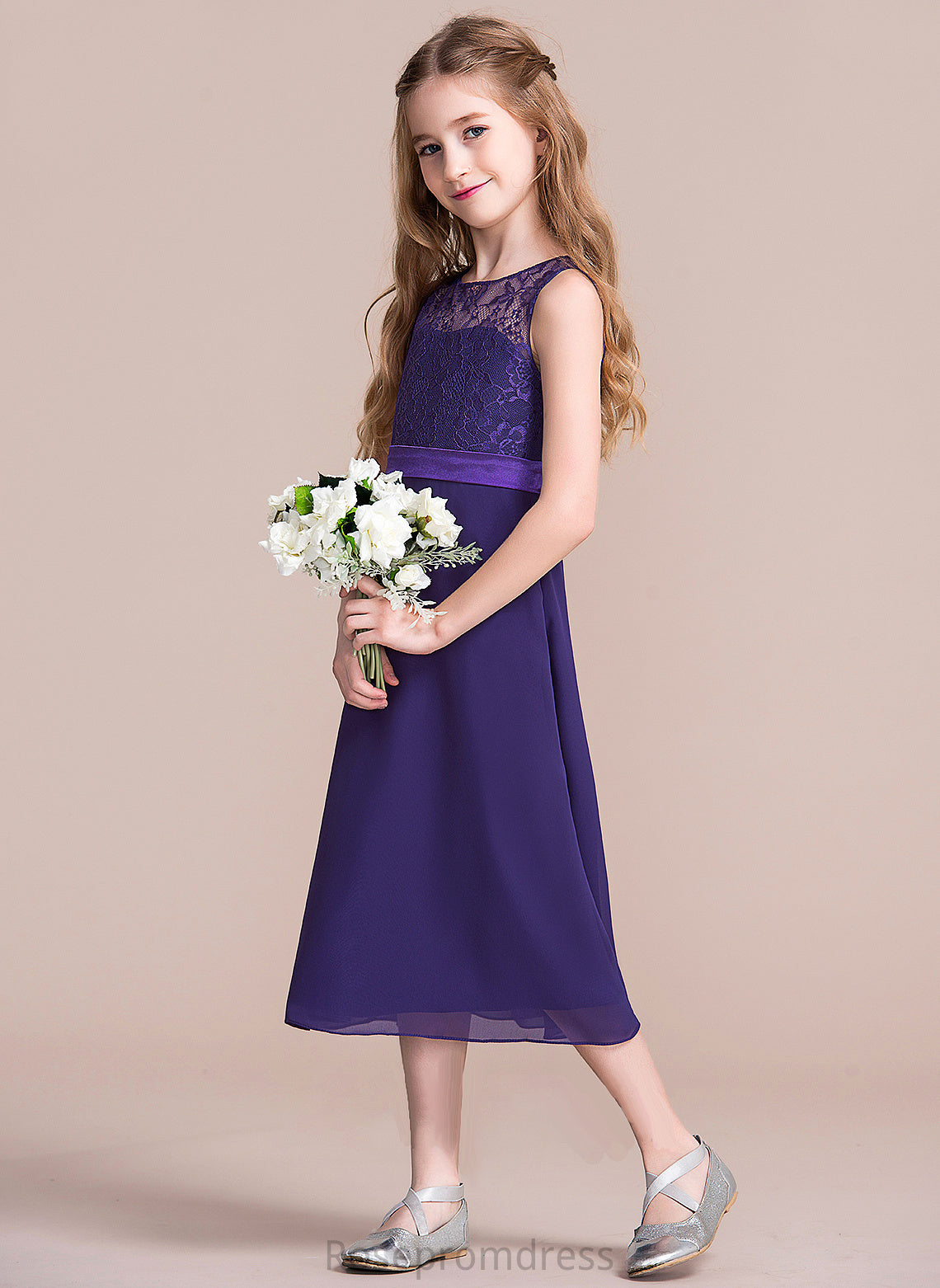 Junior Bridesmaid Dresses A-Line Adalyn Chiffon Tea-Length Scoop Neck