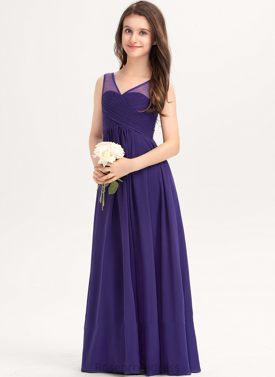 V-neck A-Line Floor-Length Ruffle Chiffon Azaria Junior Bridesmaid Dresses With