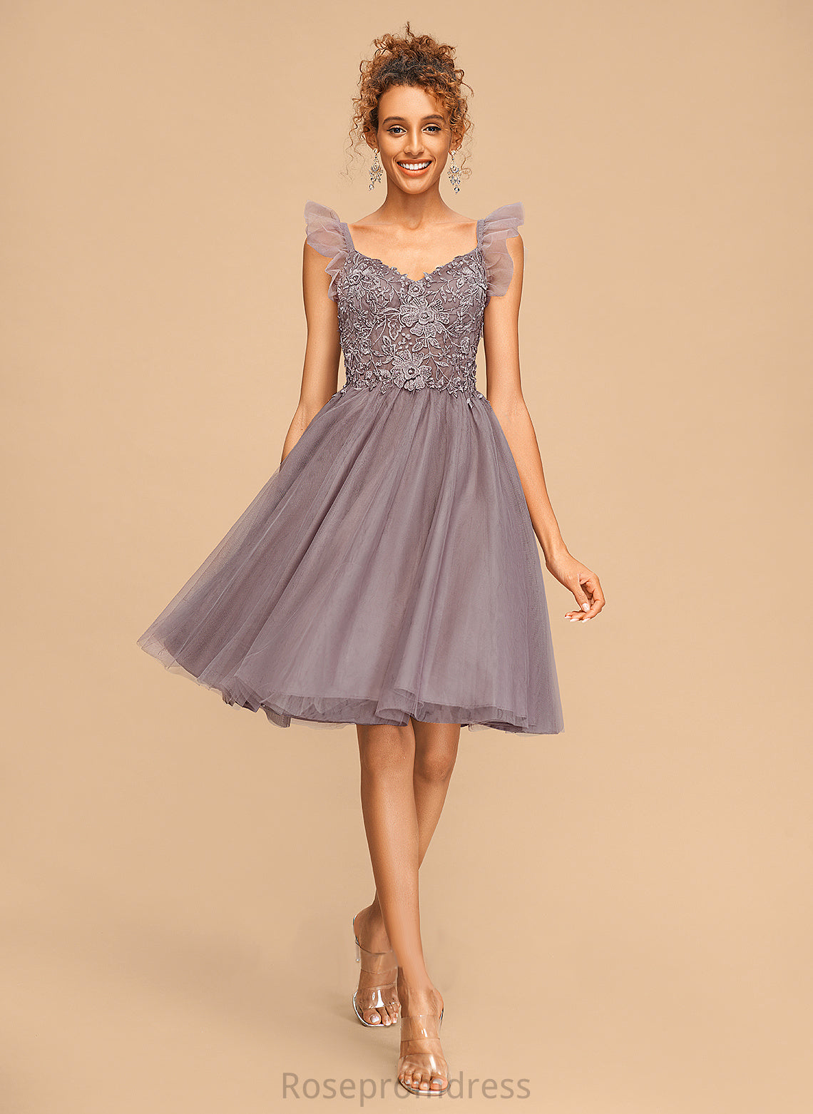 With V-neck Tulle Homecoming Dress Cascading Jada Lace Ruffles Knee-Length A-Line Homecoming Dresses