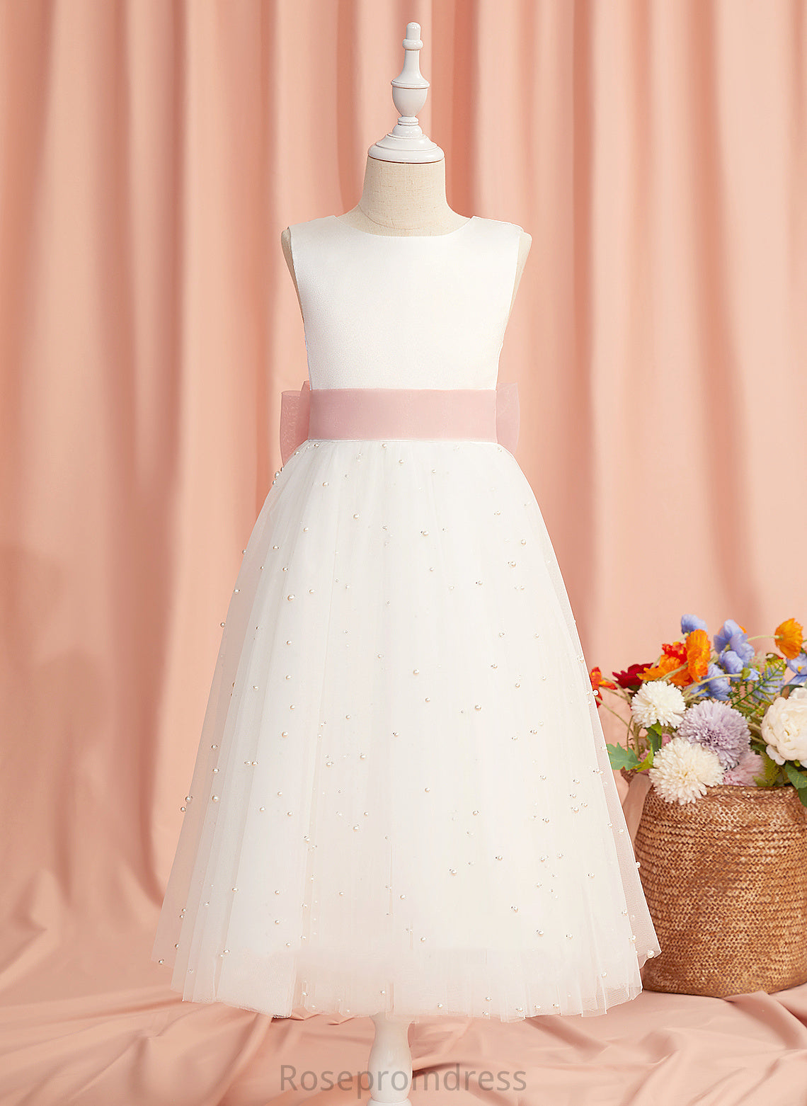 Neck Dress Tea-length With Back Scoop Girl A-Line Flower Sash/Bow(s)/V Flower Girl Dresses - Sleeveless Kaydence Satin/Tulle