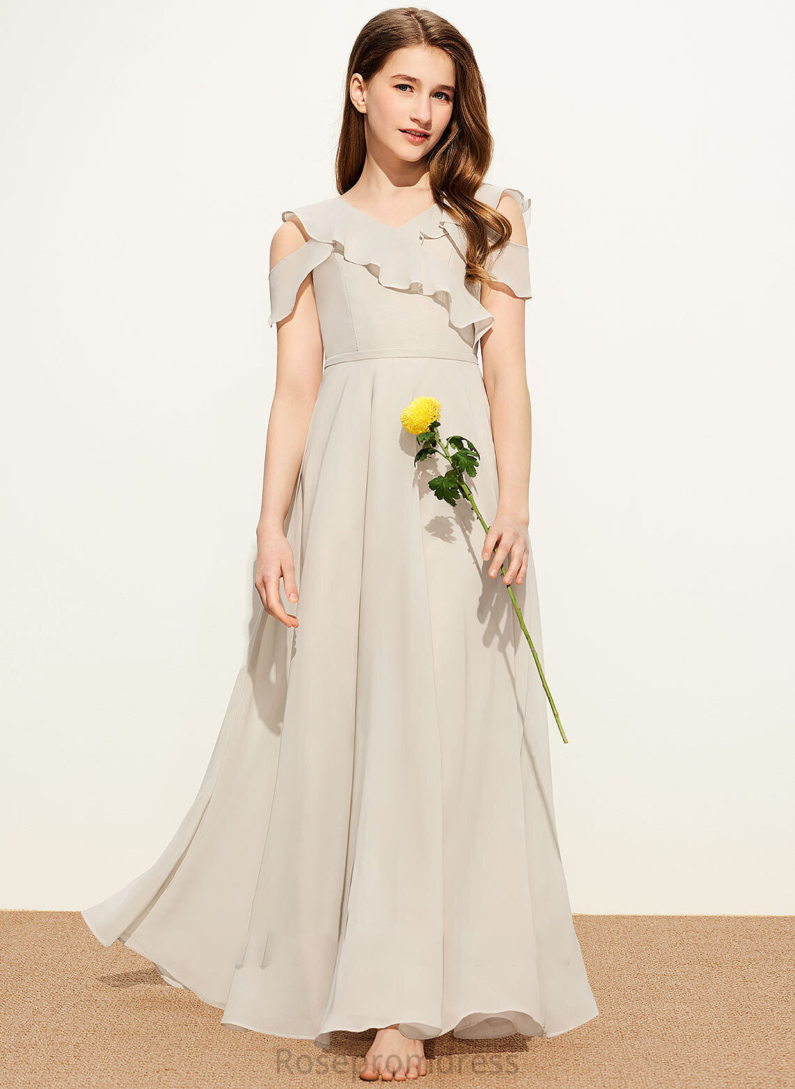 Ruffles Desirae With Floor-Length V-neck Chiffon A-Line Junior Bridesmaid Dresses Cascading