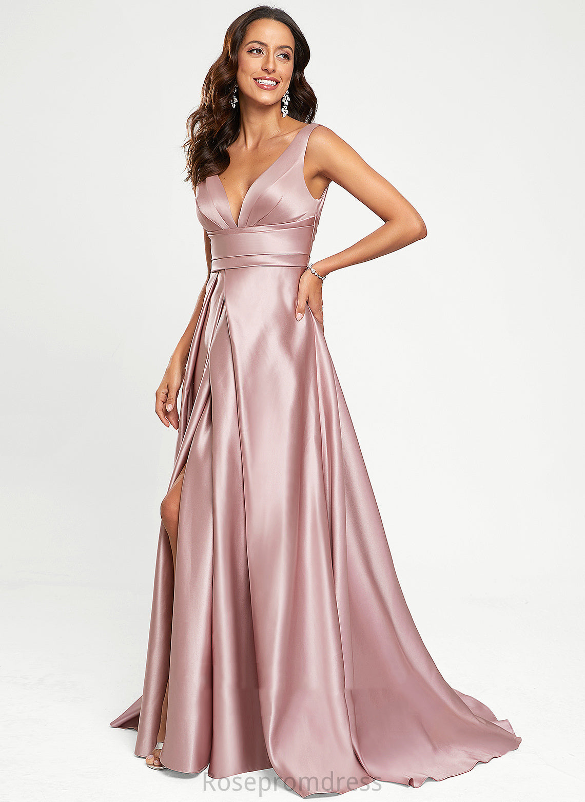 Sweep Prom Dresses Train V-neck A-Line Addisyn Satin