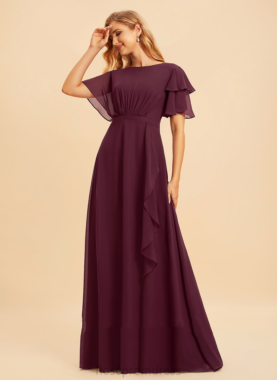 ScoopNeck Ruffle Fabric SplitFront Floor-Length A-Line Length Silhouette Embellishment Neckline Jimena Bridesmaid Dresses