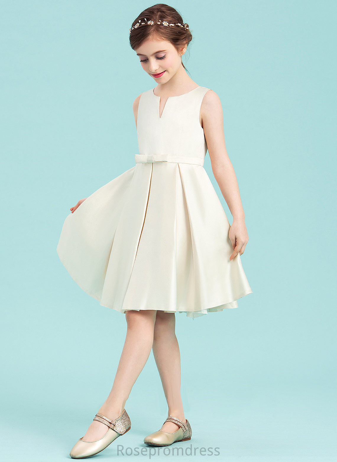 Scoop Satin A-Line With Knee-Length Neck Bow(s) Penelope Junior Bridesmaid Dresses