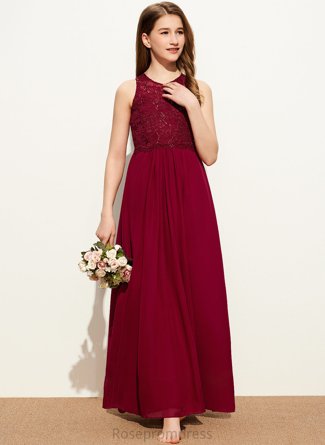 Jamie With Neck Chiffon Sequins Scoop Floor-Length Junior Bridesmaid Dresses Lace A-Line