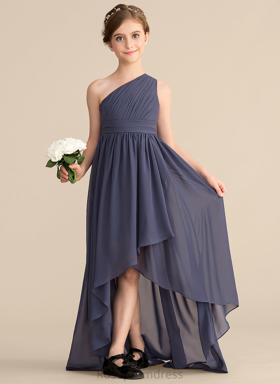 A-Line Nellie One-Shoulder Chiffon Asymmetrical With Ruffle Junior Bridesmaid Dresses