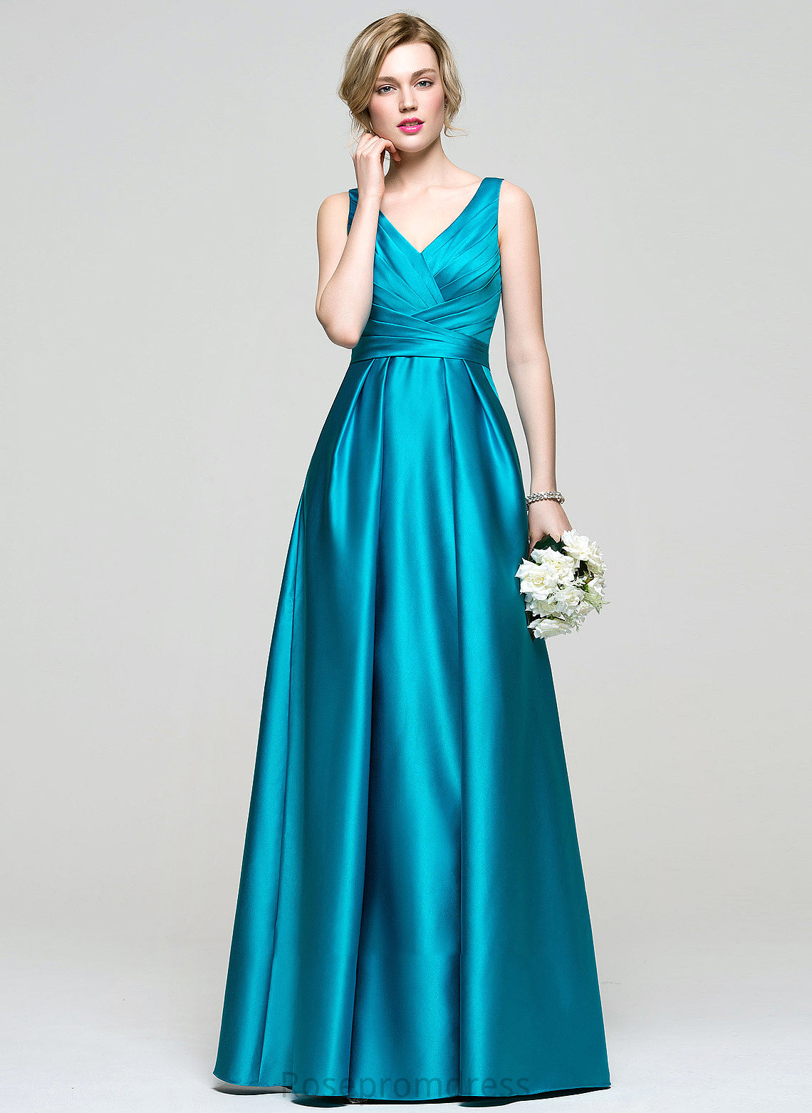 Prom Dresses With V-neck Pockets Floor-Length Ball-Gown/Princess Ruffle Satin Cara