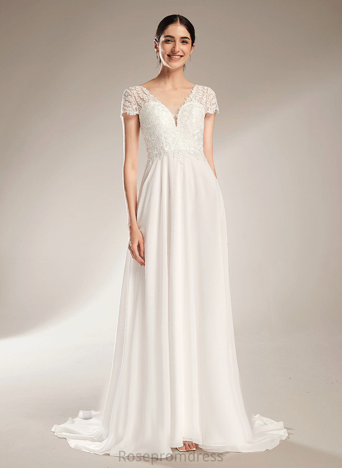 Wedding Melany Chiffon Bow(s) Lace Wedding Dresses V-neck A-Line Court With Dress Train