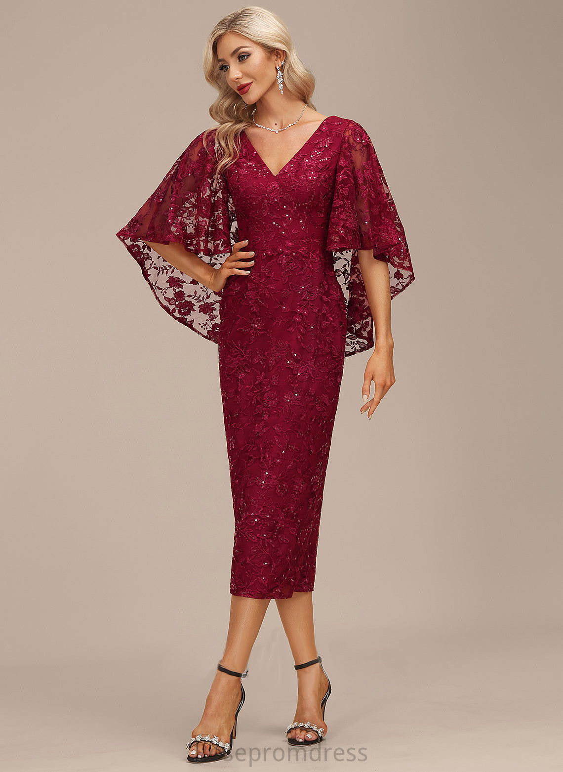 Cocktail Dresses With Lace Dress Cocktail Sheath/Column Sequins Kaelyn V-neck Tea-Length