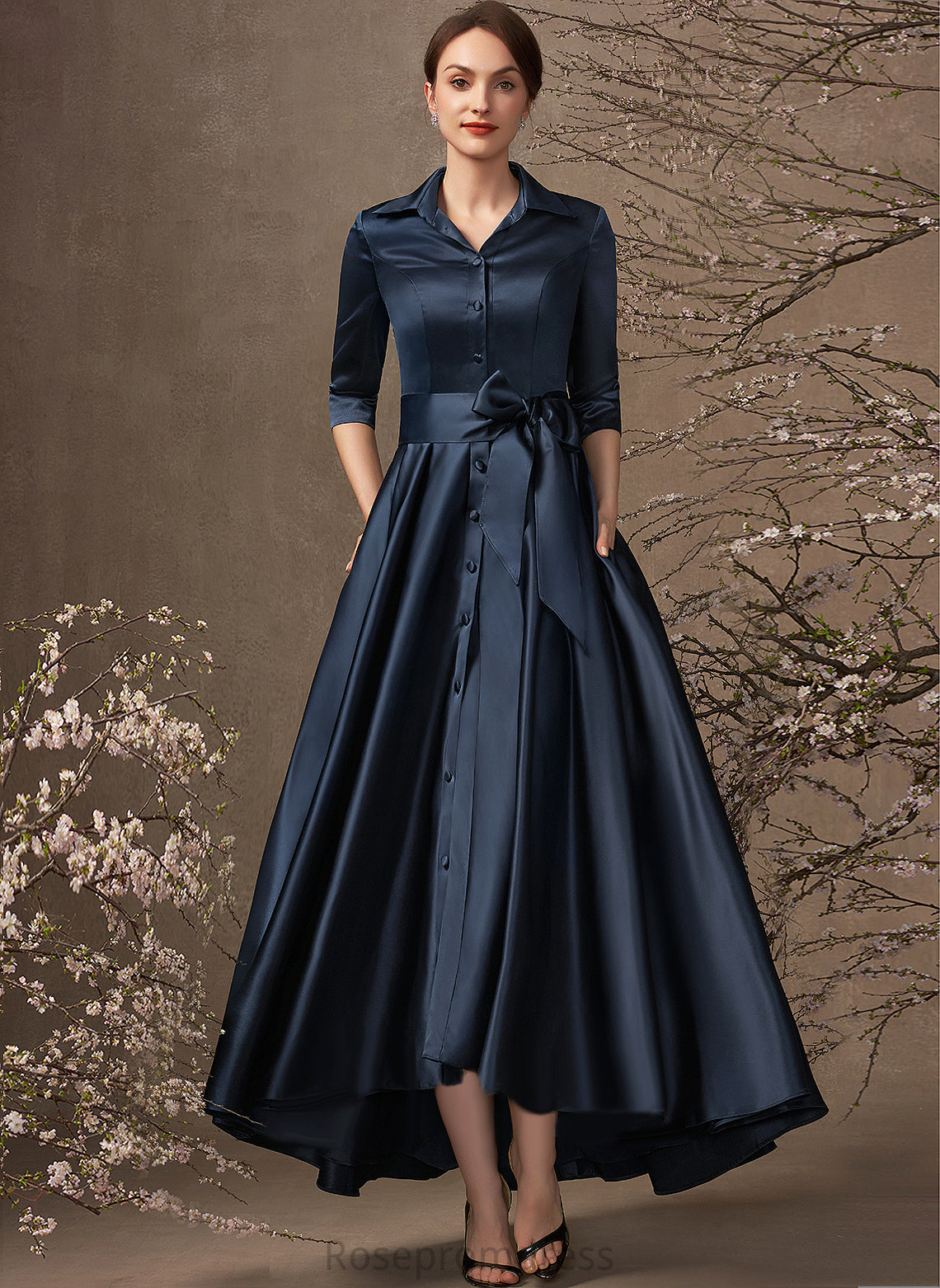 Asymmetrical V-neck Jacqueline Pockets With Dress Cocktail Bow(s) A-Line Satin Cocktail Dresses