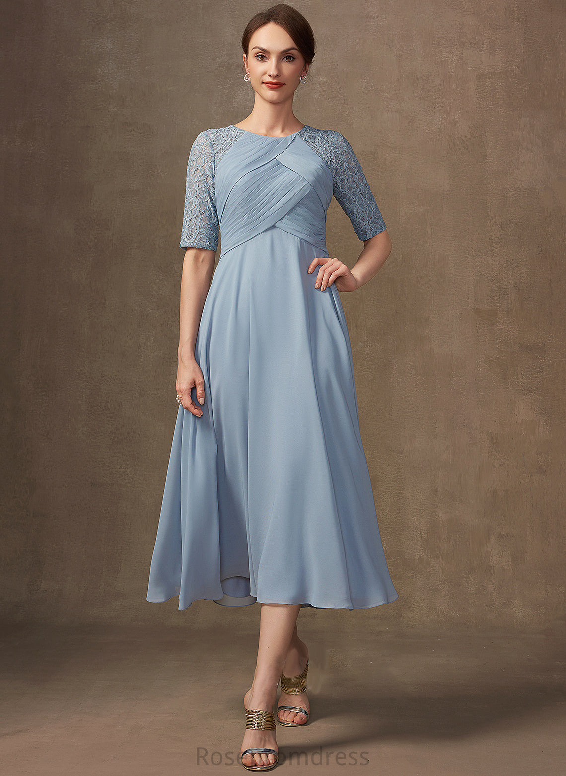 Dress Chiffon Mother Tea-Length A-Line Lace With Mother of the Bride Dresses the of Scoop Neck Mylie Bride Ruffle