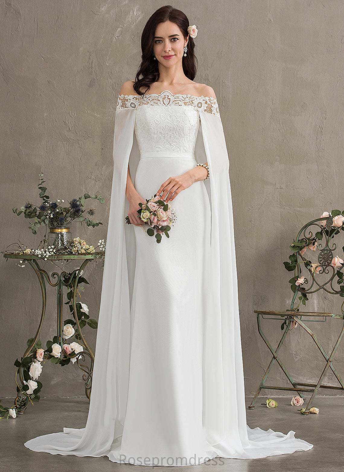 Dress Wedding Dresses Train Off-the-Shoulder Lace With Lace Wedding Court Val Sheath/Column Chiffon