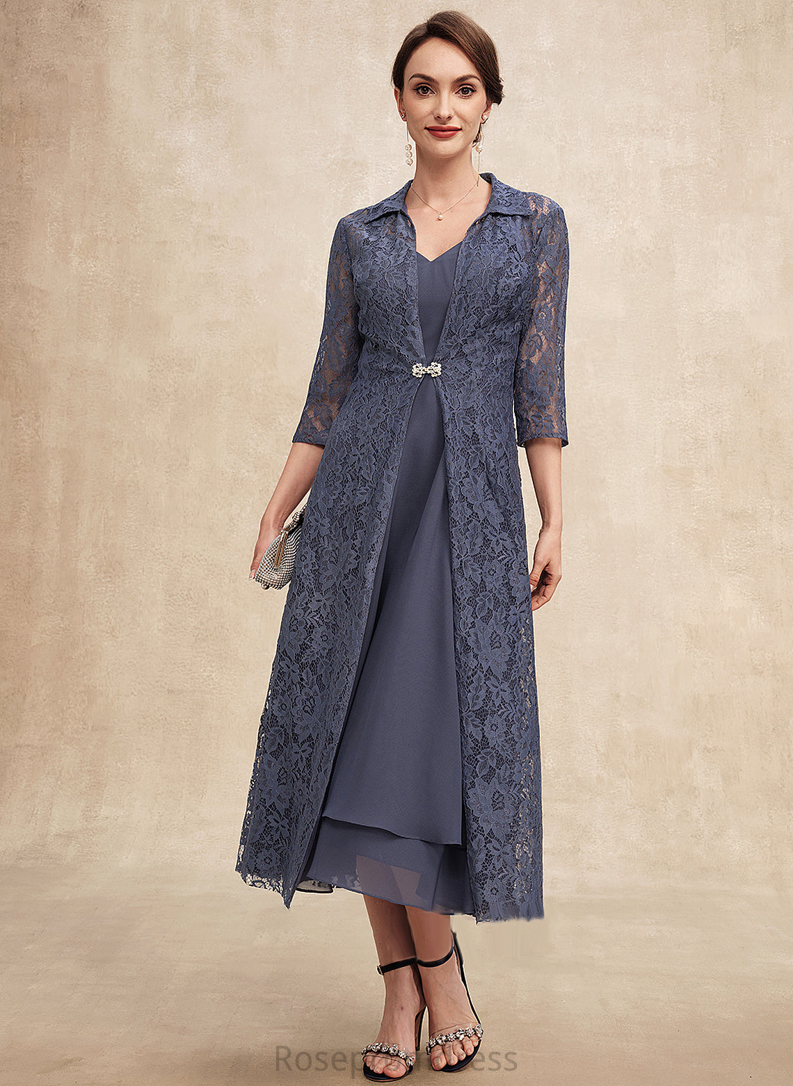 Henrietta the Bride Dress Tea-Length of A-Line Chiffon V-neck Mother Mother of the Bride Dresses