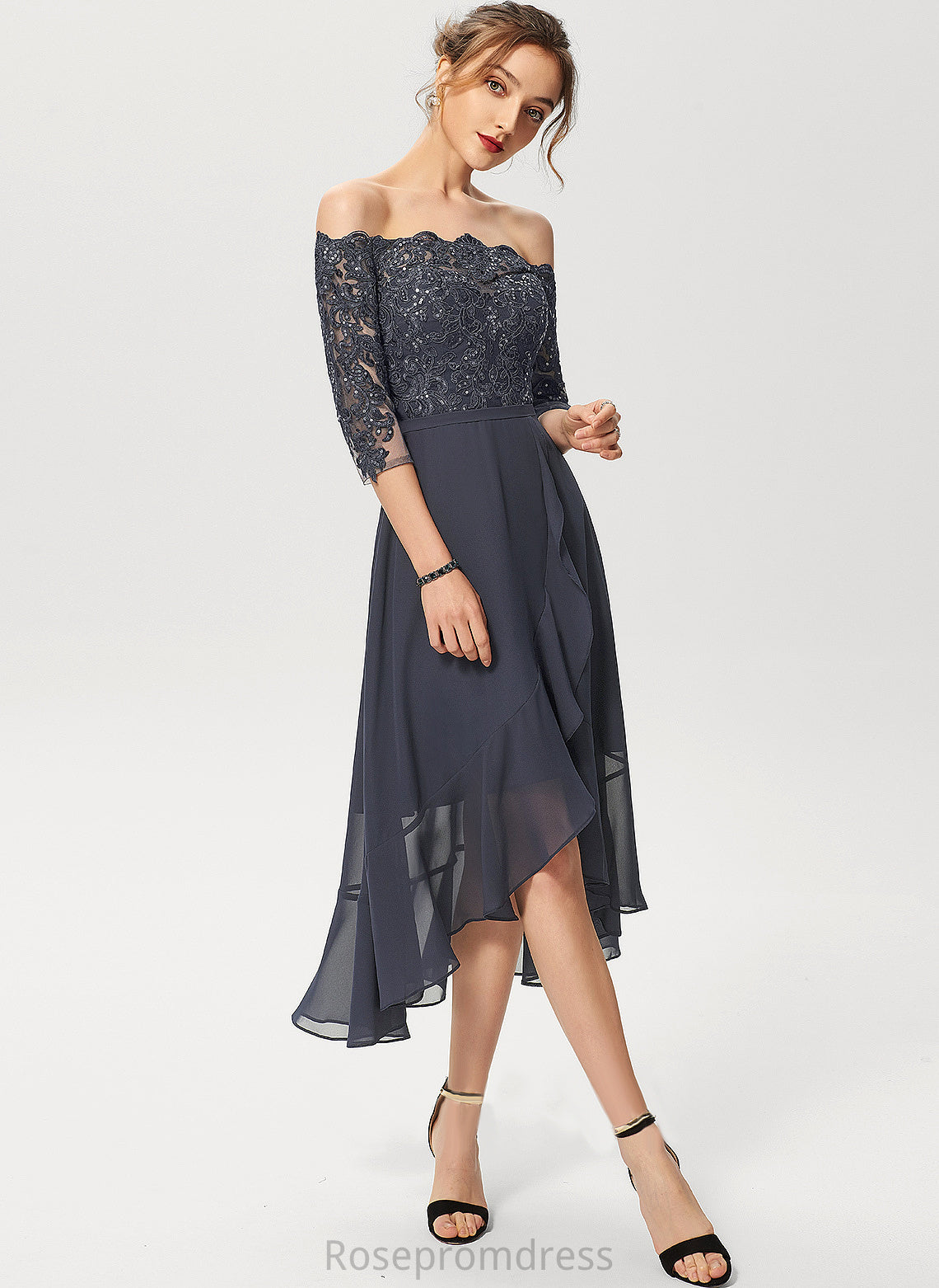 Chiffon Sequins Dress Off-the-Shoulder Asymmetrical A-Line Kaitlin With Lace Cocktail Dresses Cocktail