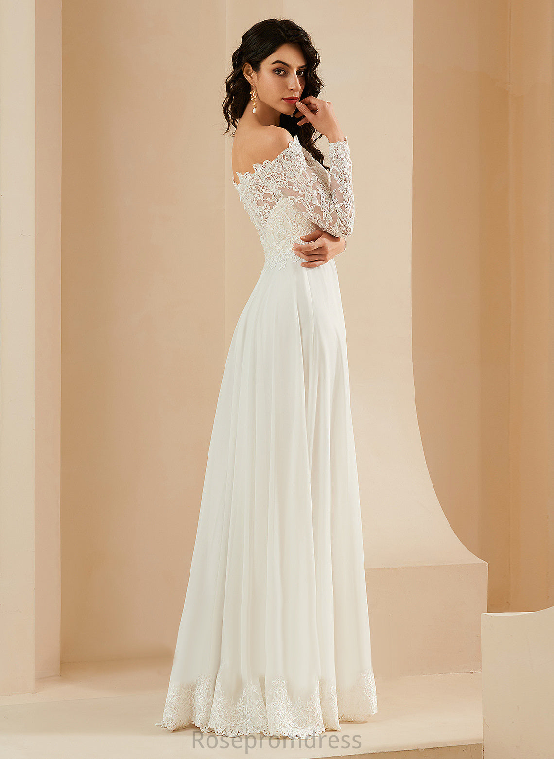 With Off-the-Shoulder Wedding Henrietta Lace Wedding Dresses A-Line Dress Train Sweep Chiffon