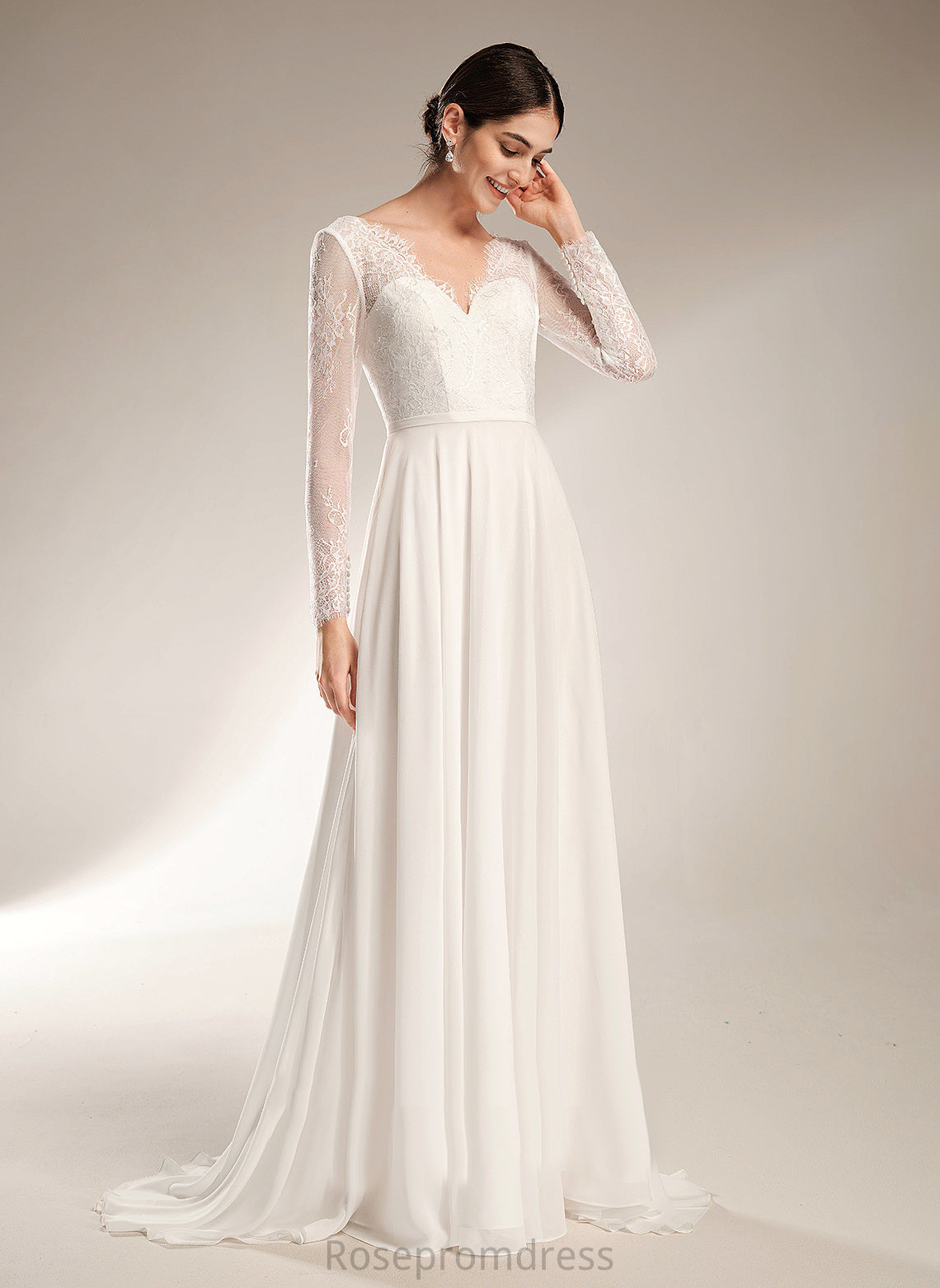 A-Line Wedding Caitlin V-neck Wedding Dresses Train Lace Chiffon Sweep Dress