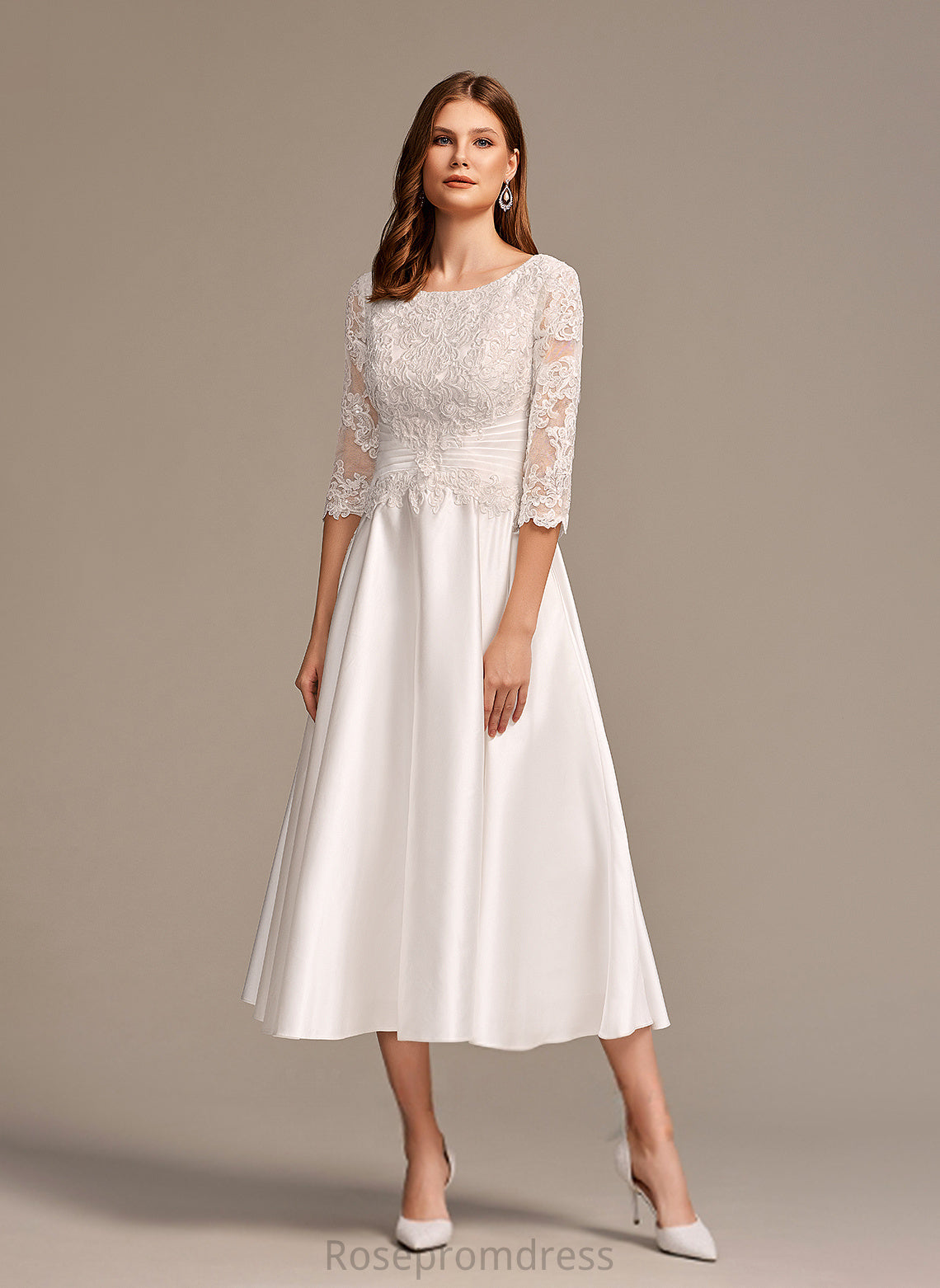 A-Line Dress Scoop Wedding Dresses Lace Dayanara Wedding Tea-Length Satin