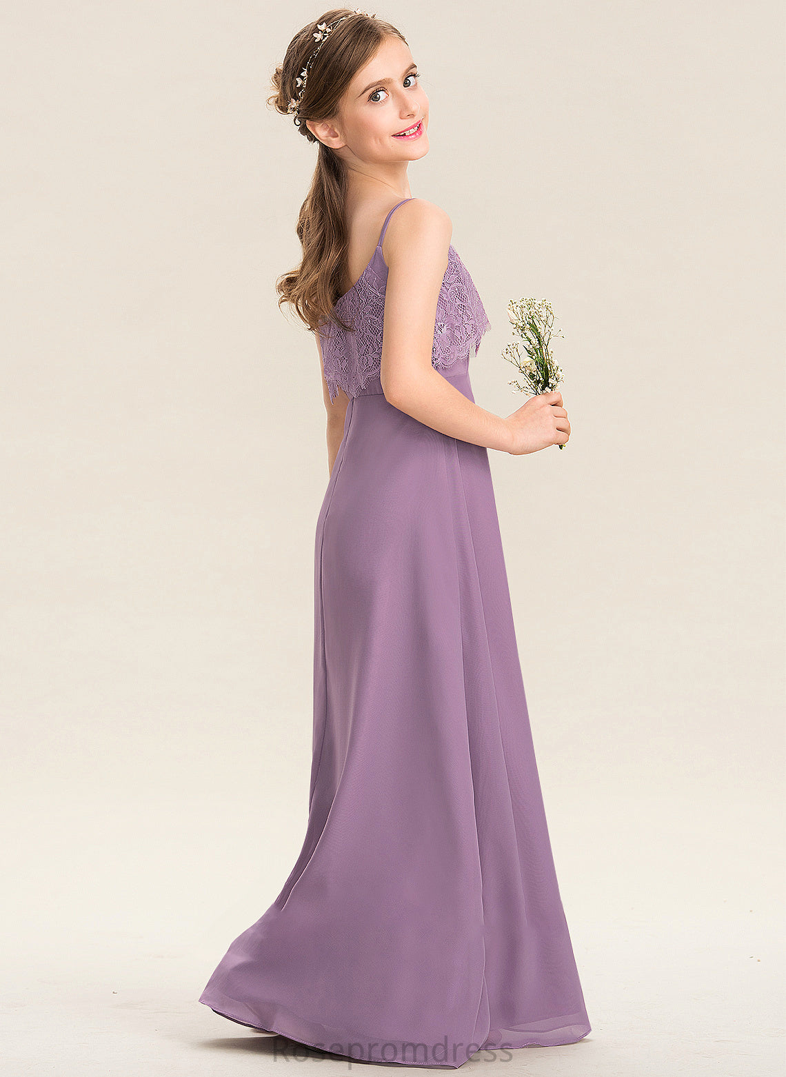 A-Line Neckline Chiffon Lace Floor-Length Alexandria Junior Bridesmaid Dresses Square