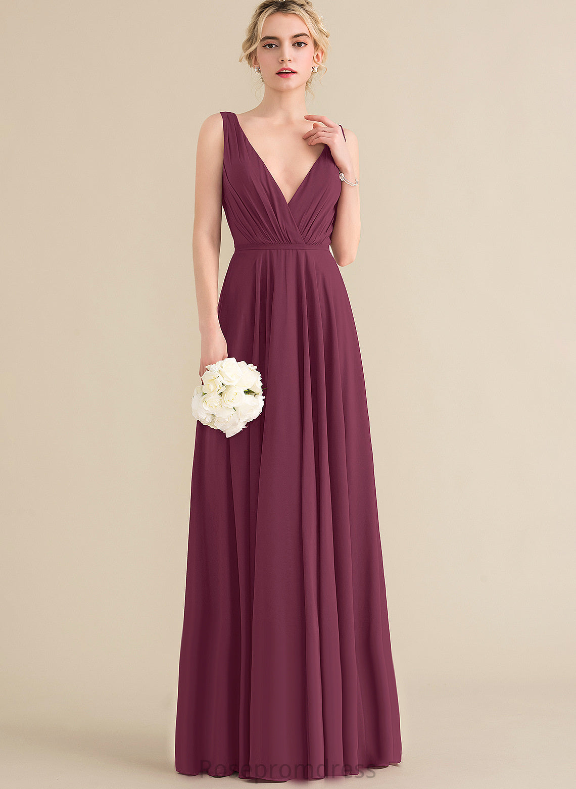 A-Line Floor-Length Pleated Chiffon Prom Dresses V-neck With Violet