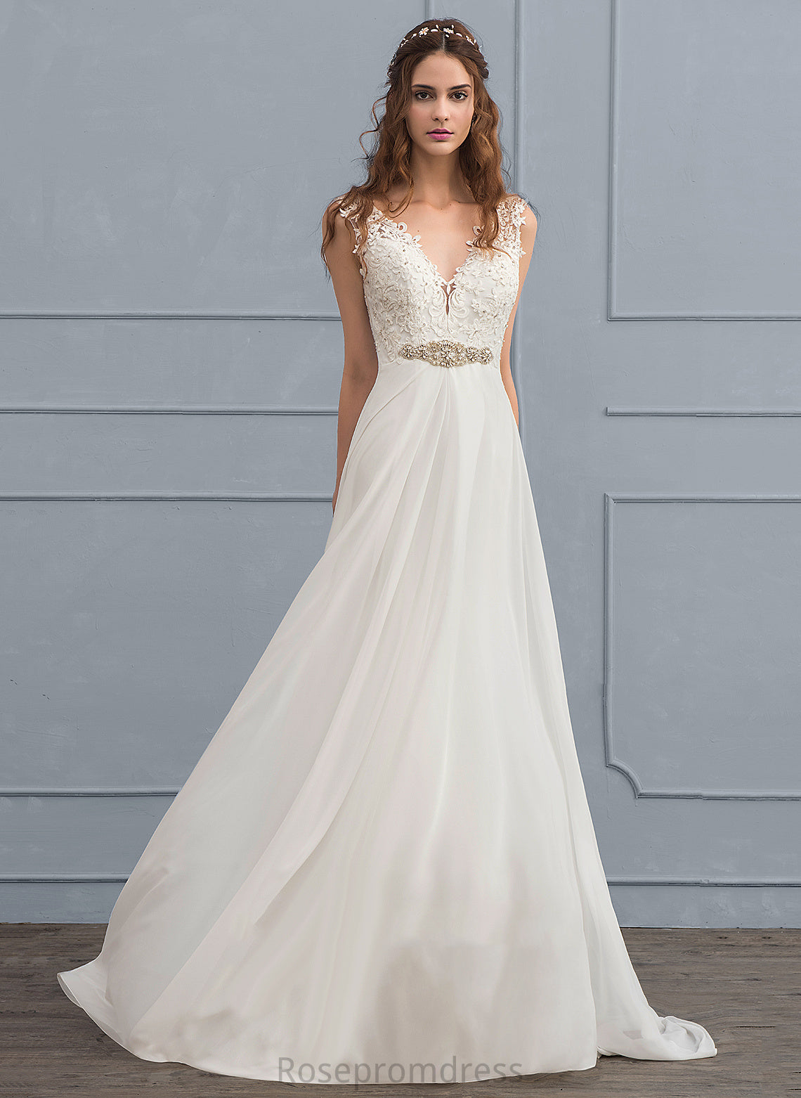 Chiffon Wedding Dresses Beading Court Train Sequins Dress A-Line Kaitlynn With Lace V-neck Wedding