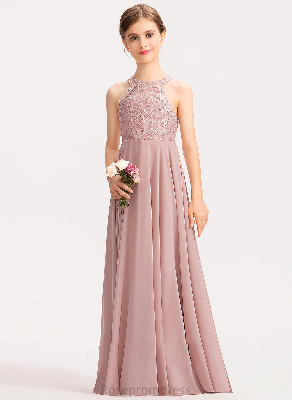 Junior Bridesmaid Dresses Chiffon Floor-Length Scoop Winifred Neck A-Line Lace