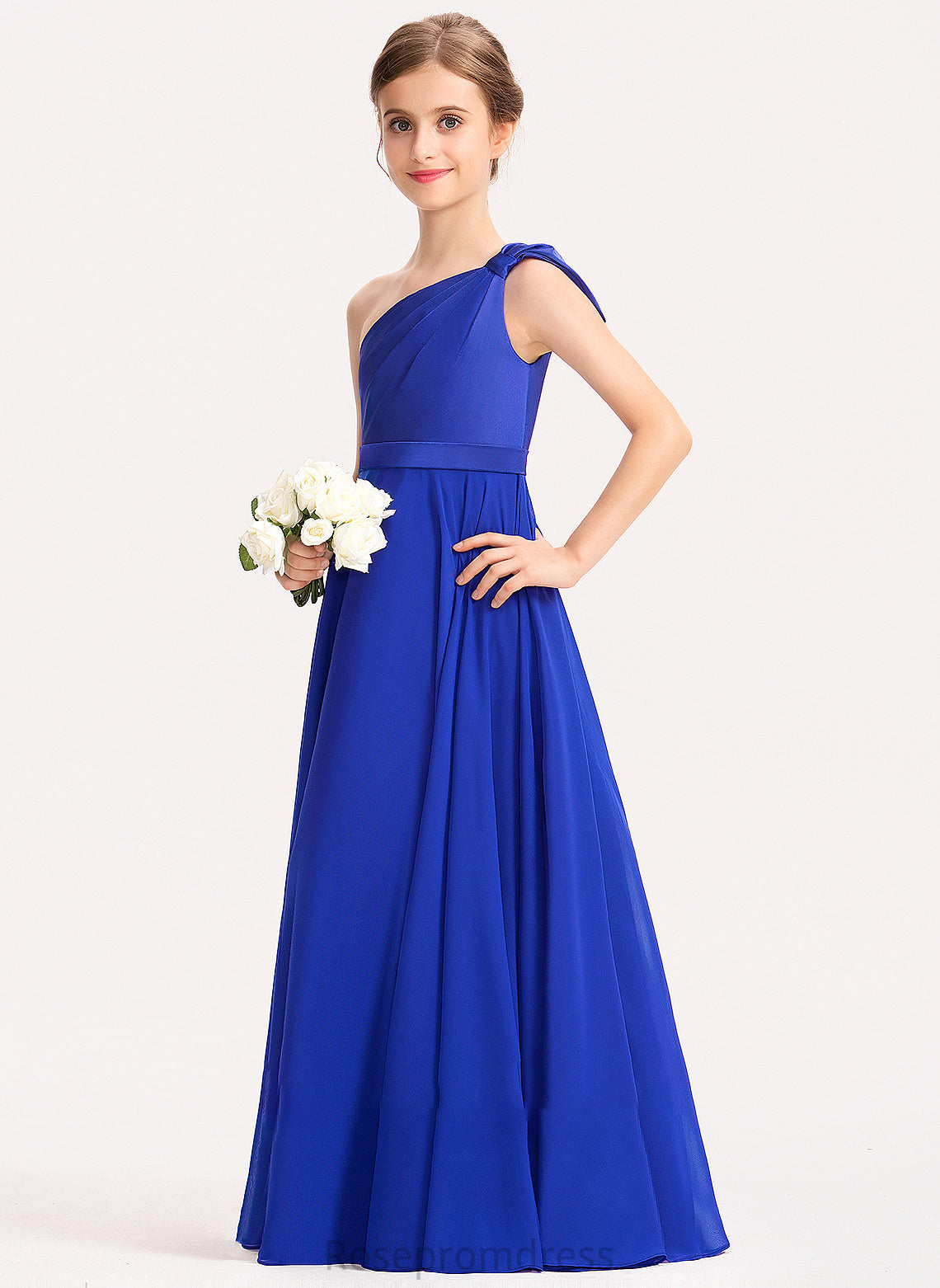 Junior Bridesmaid Dresses With Charmeuse One-Shoulder Chiffon Floor-Length Ruffle A-Line Brynn