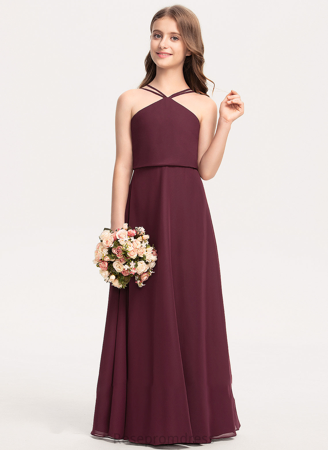 V-neck Floor-Length Elle Junior Bridesmaid Dresses Chiffon A-Line