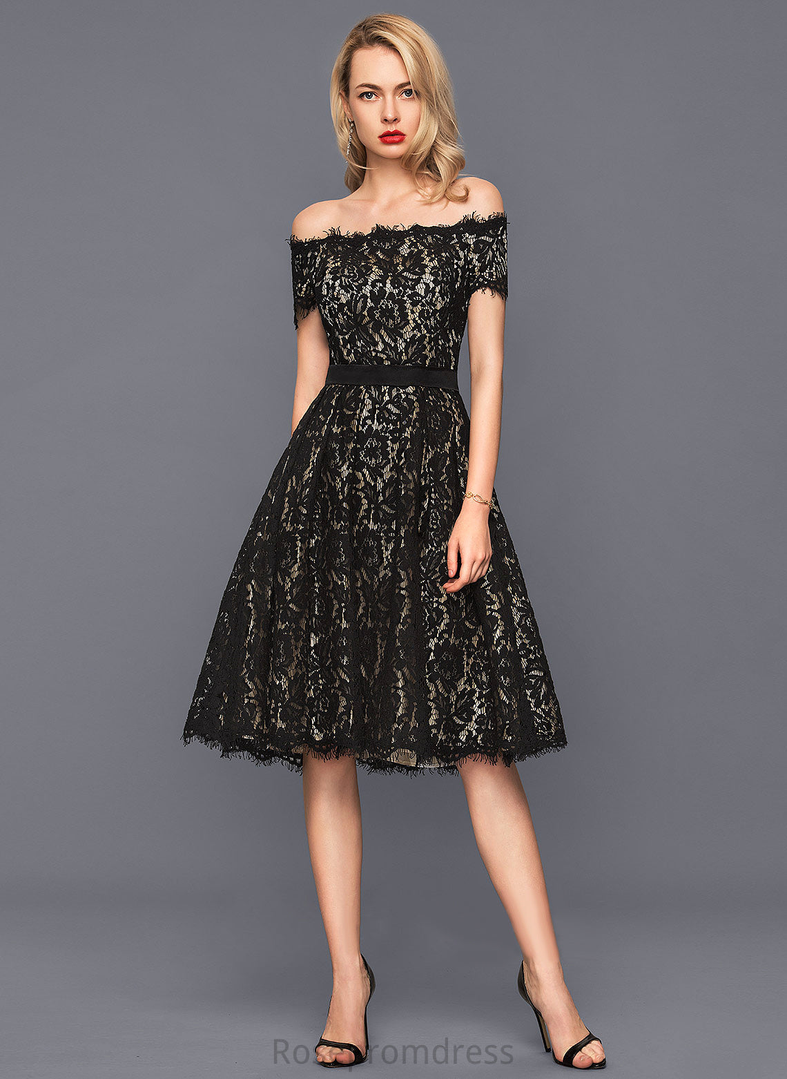 Dress A-Line Lace Cocktail Dresses Knee-Length Cocktail Kaylen Off-the-Shoulder Charmeuse