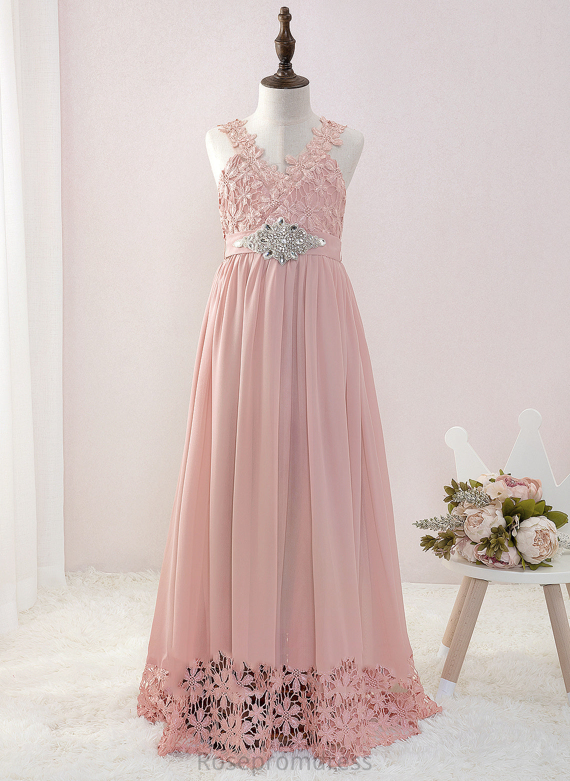 With Flower Girl Dresses Isla A-Line Flower V-neck Floor-length Dress Sleeveless Beading - Chiffon/Lace Girl