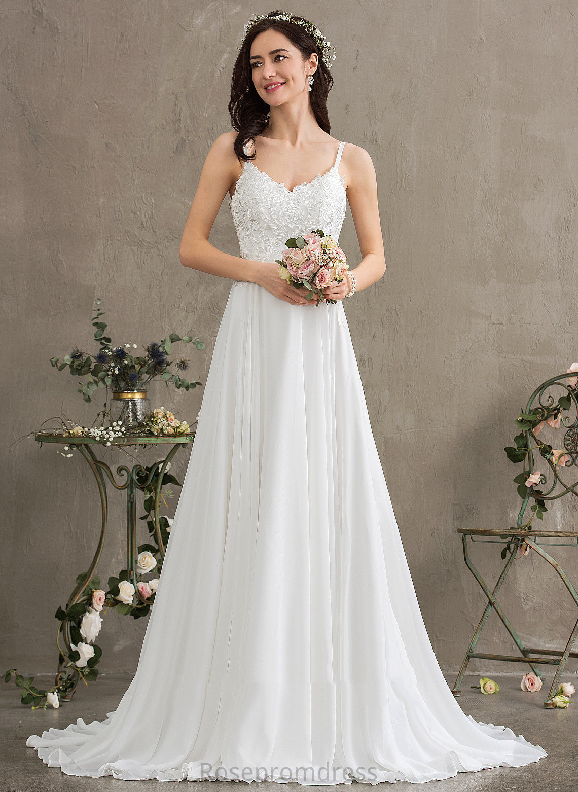 Mildred Chiffon Wedding Dress Wedding Dresses Lace Train A-Line Sweep Sweetheart